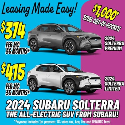Lease an All-Electric Subaru Solterra with Only $1,000 Due at Signing!*