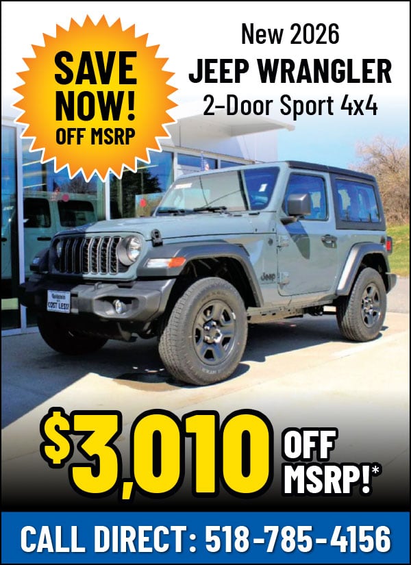 Save $3,010 OFF MSRP on a New 2026 Jeep Wrangler 2–Door Sport 4x4!*